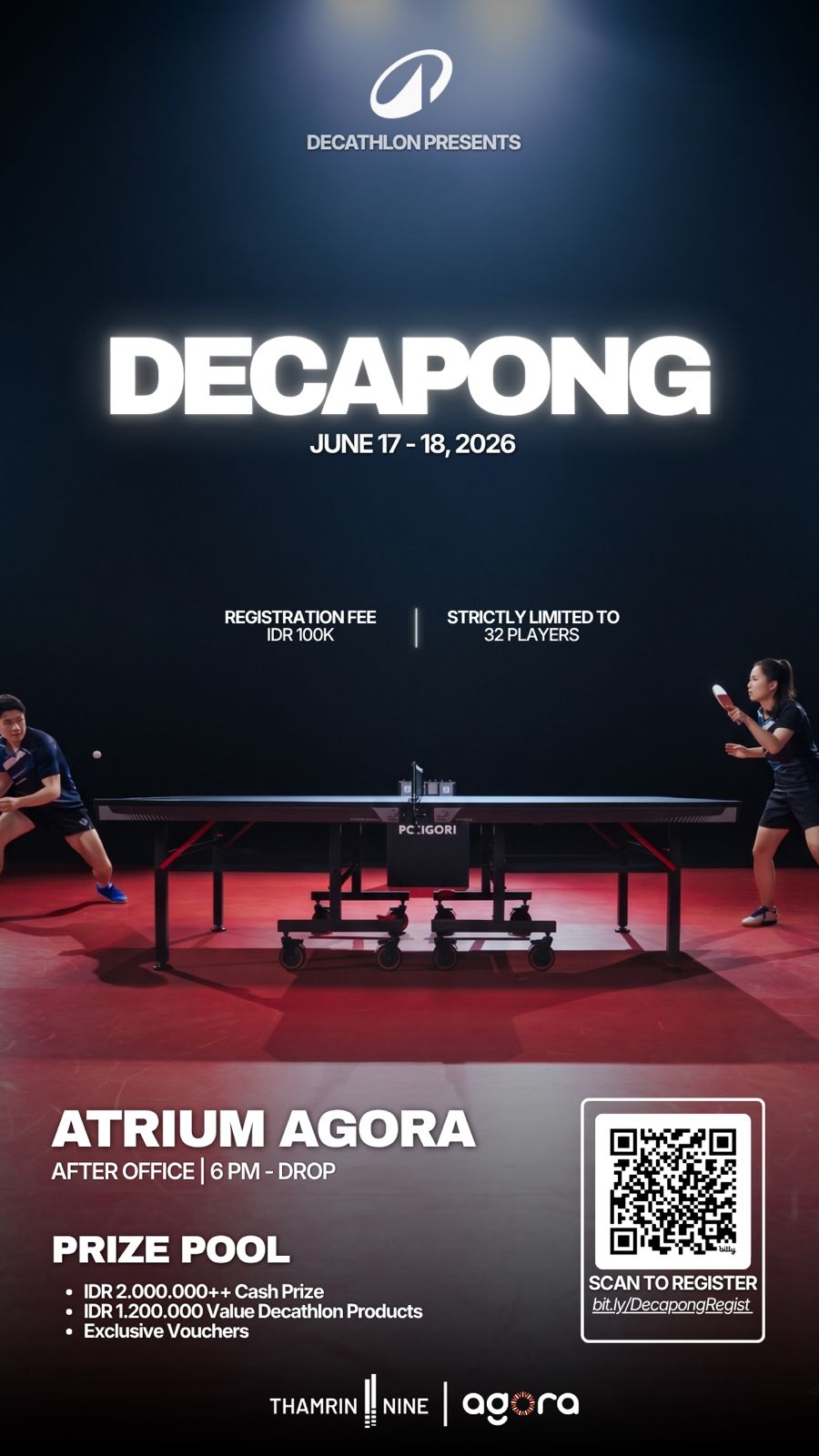 Flyer turnamen Decapong Juni 2026 di Atrium Agora dengan informasi biaya pendaftaran Rp100.000